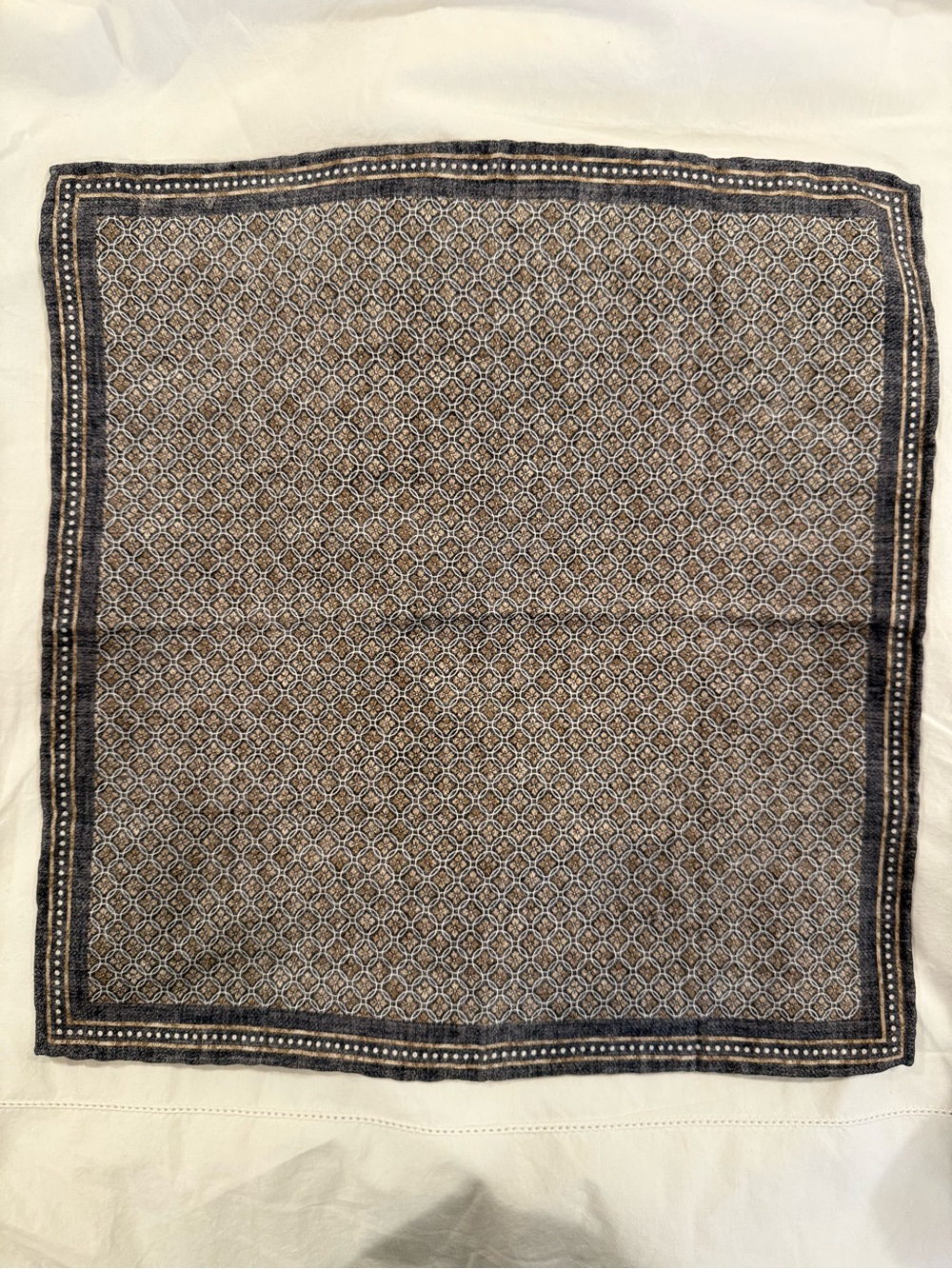 Brunello Cucinelli Brown and Navy Trim Silk Pocket Square